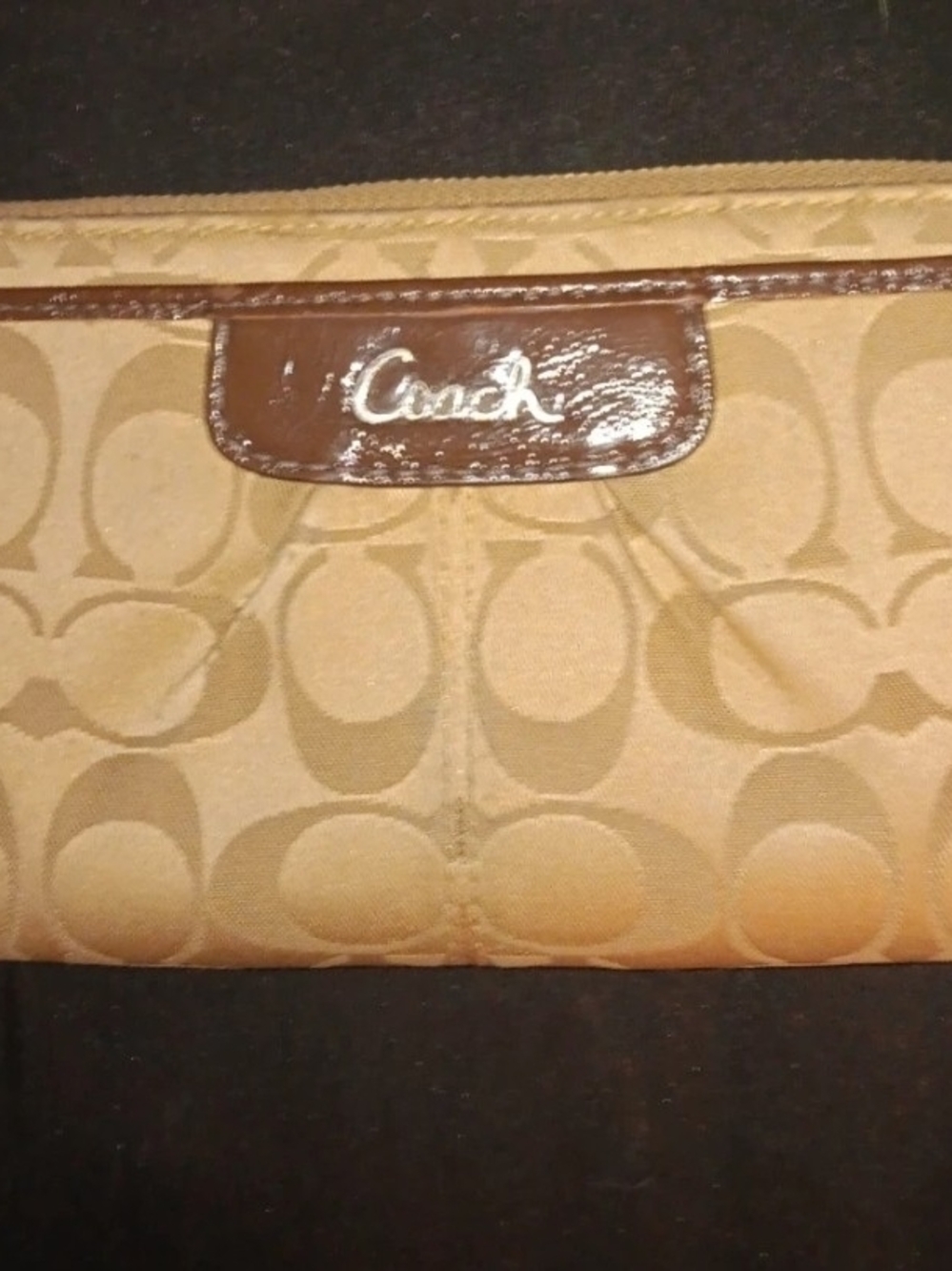 Coach Tan Signature Canvas Wristlet with Brown Leather Trim
